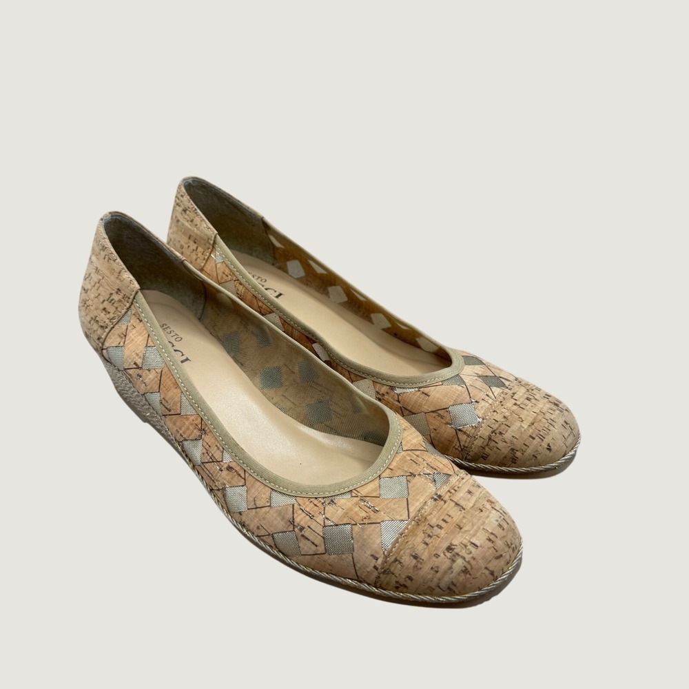 Sesto Meucci Cork Wedge Pumps 8.5 Tan Metallic Italian Boho Coastal Summer